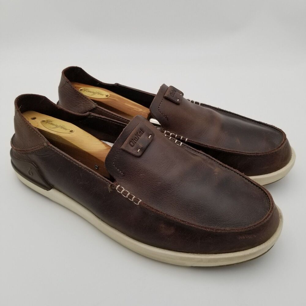 OluKai Kakaha Premium Leather Dark Java Brown Mens Slip-On Loafer Shoe Size 11.5
